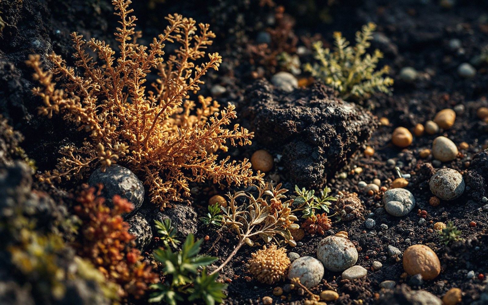 Rust-colored fern-like shrub surrounded by pebbles and small plants on dark mineral soil