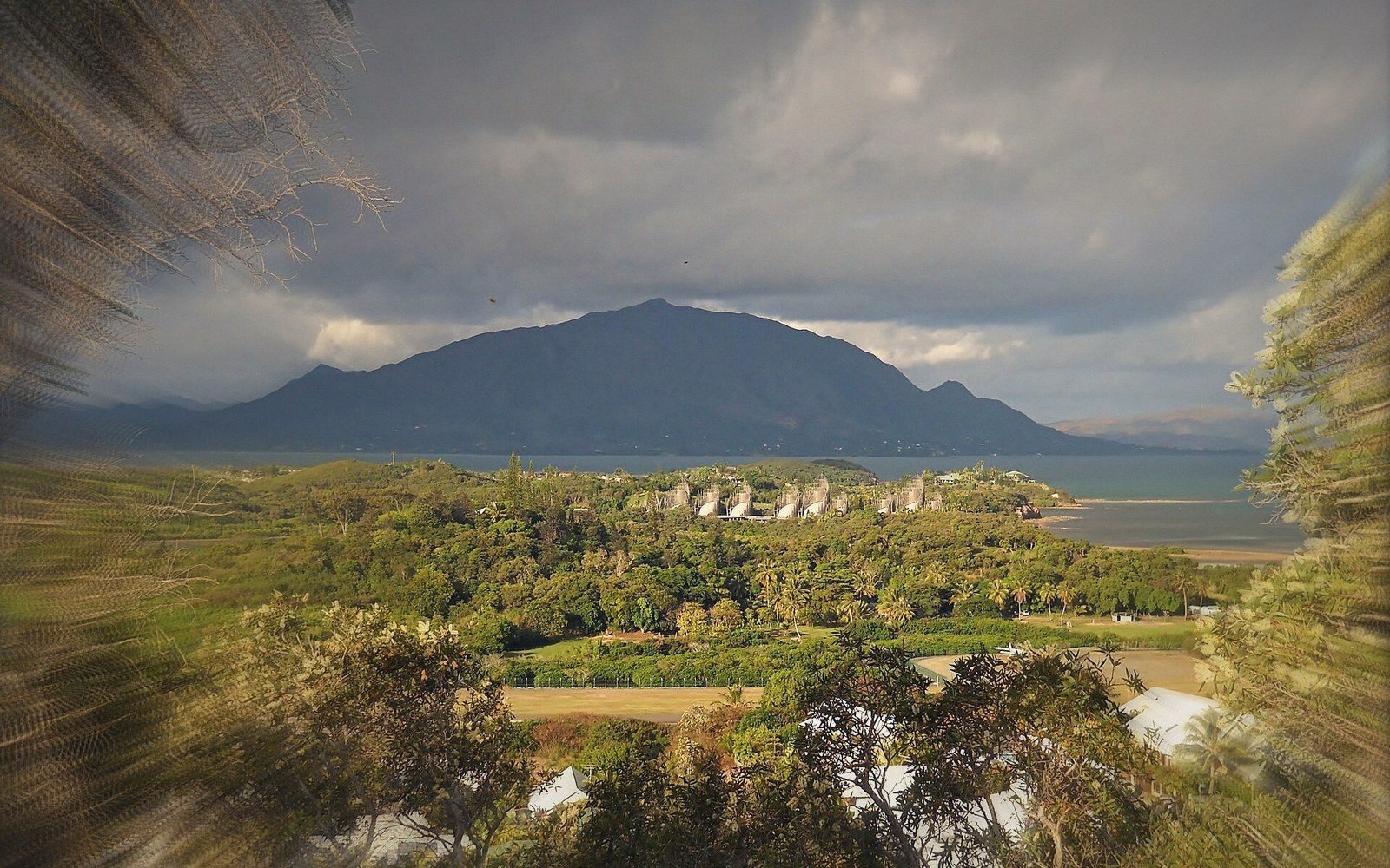 Traditional case structures nestled among coastal trees with a mountain and bay beyond